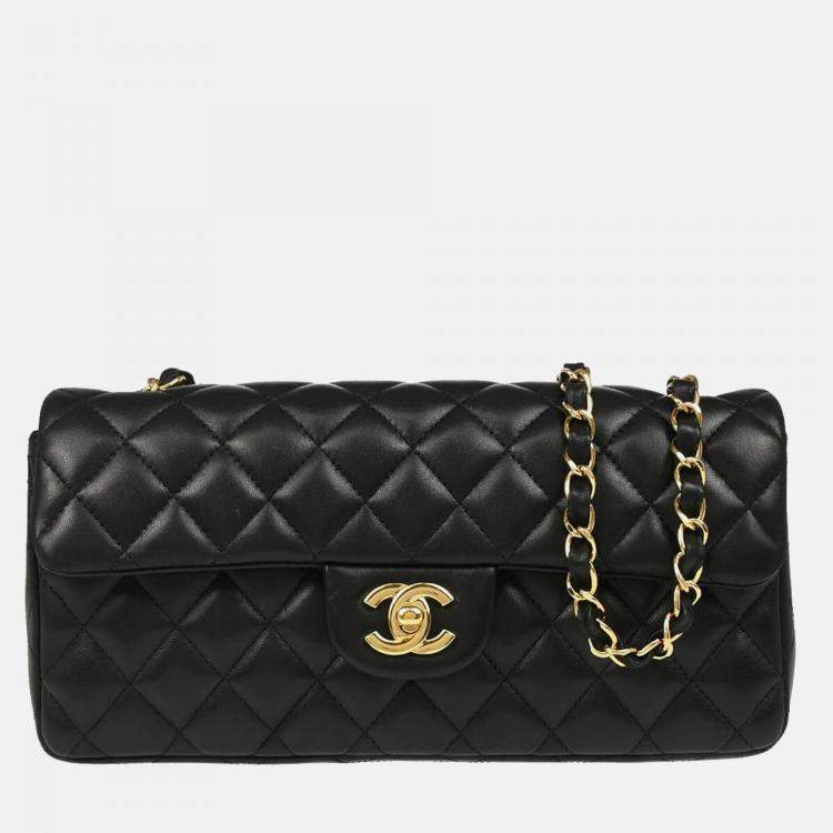 Pre Owned Chanel East West Black Lambskin Shoulder Bag