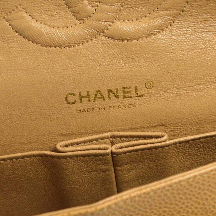 Pre Owned Chanel Classic Double Flap Medium Beige Caviar Leather Shoulder Bag