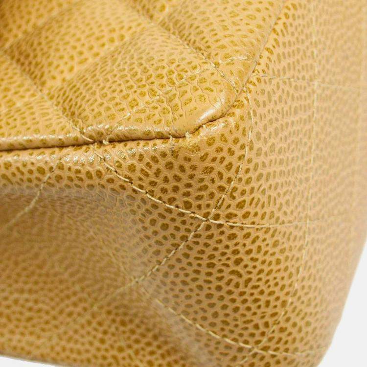 Pre Owned Chanel Classic Double Flap Medium Beige Caviar Leather Shoulder Bag