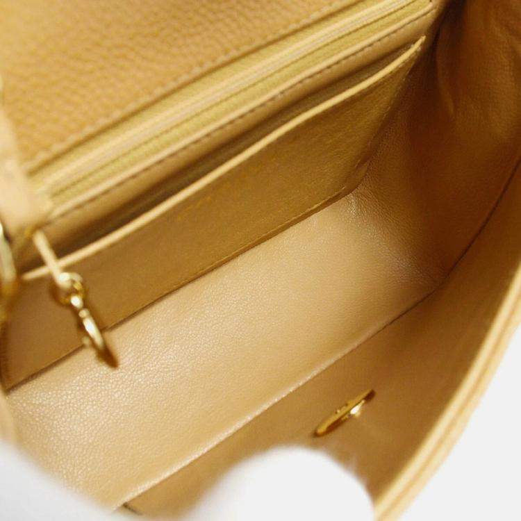 Pre Owned Chanel Classic Square Flap Mini Beige Calfskin Shoulder Bag