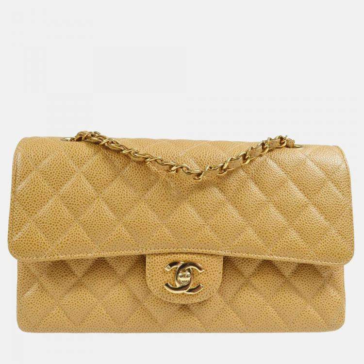 Pre Owned Chanel Classic Double Flap Medium Beige Calfskin Bag