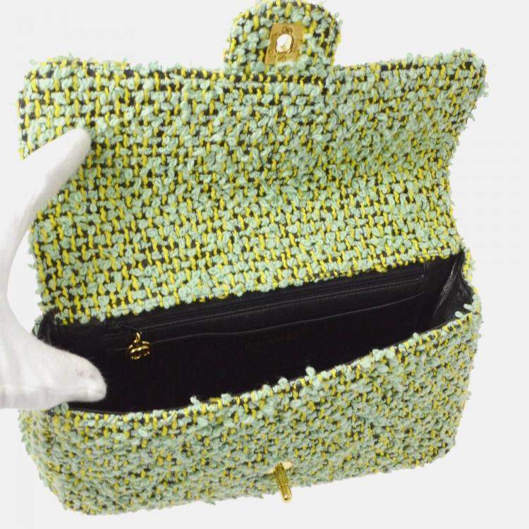 Pre Owned Chanel Green Tweed Top Handle Handbag