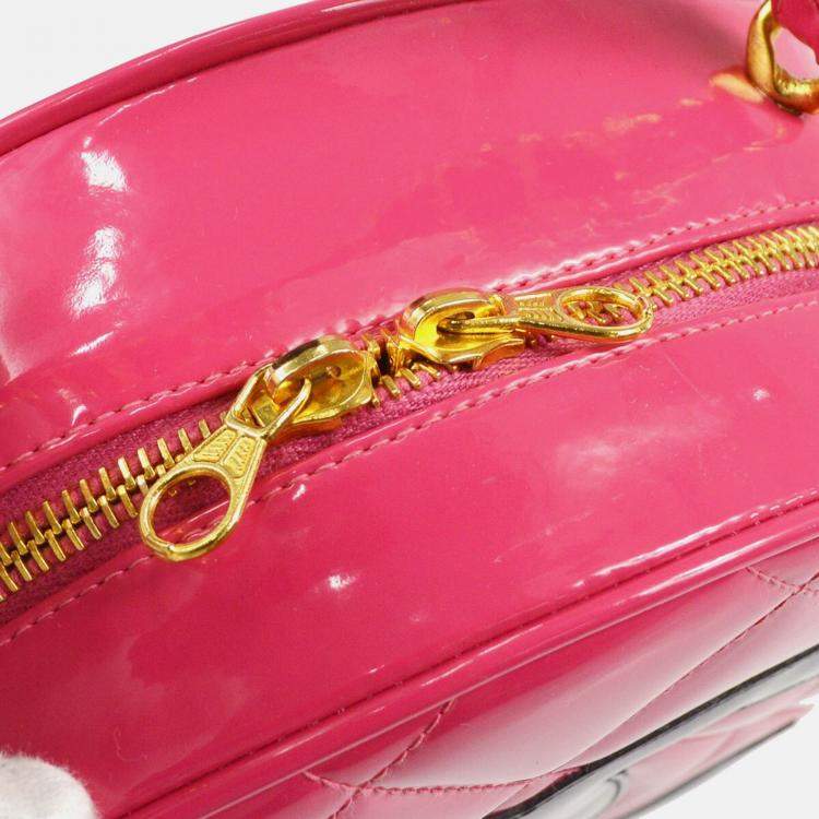 Pre Owned Chanel Quilted Patent Vintage Round Top Handle Vanity Case 