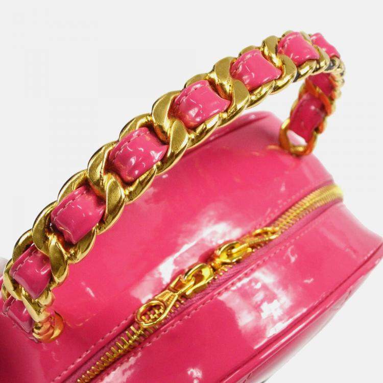 Pre Owned Chanel Quilted Patent Vintage Round Top Handle Vanity Case 