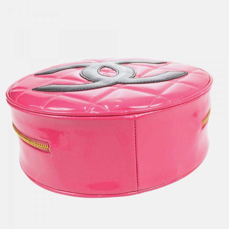 Pre Owned Chanel Quilted Patent Vintage Round Top Handle Vanity Case 