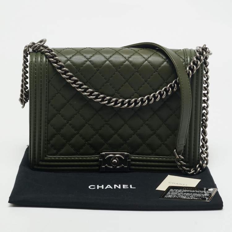 Pre Owned Chanel Military Green Quilted Leather Large Boy Flap Bag