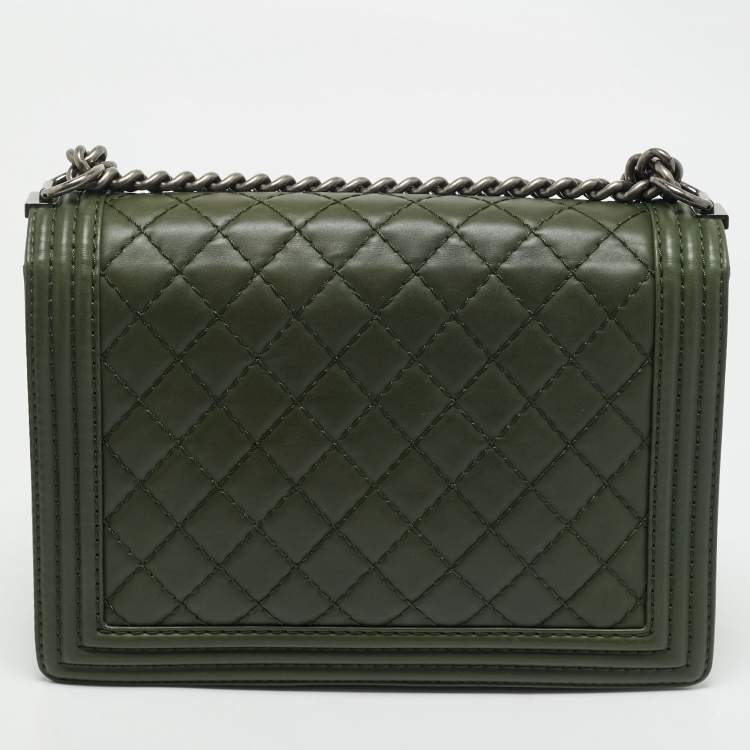 Pre Owned Chanel Military Green Quilted Leather Large Boy Flap Bag