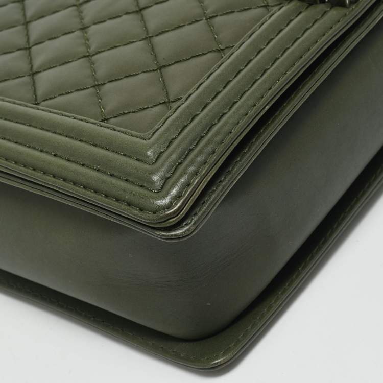 Pre Owned Chanel Military Green Quilted Leather Large Boy Flap Bag