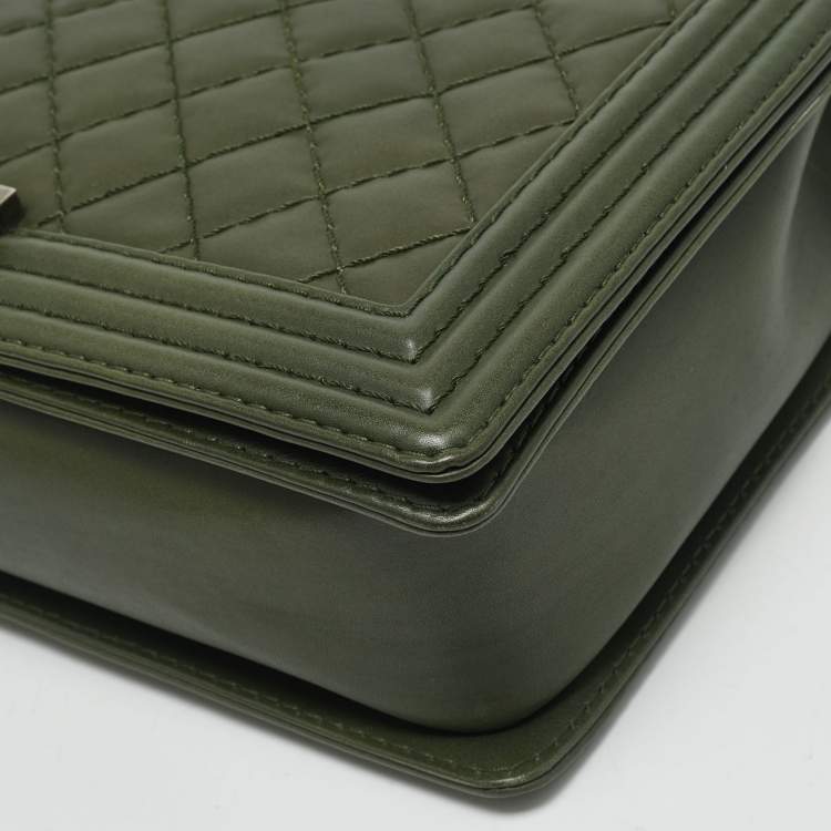 Pre Owned Chanel Military Green Quilted Leather Large Boy Flap Bag