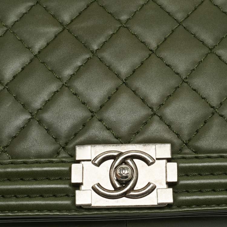 Pre Owned Chanel Military Green Quilted Leather Large Boy Flap Bag