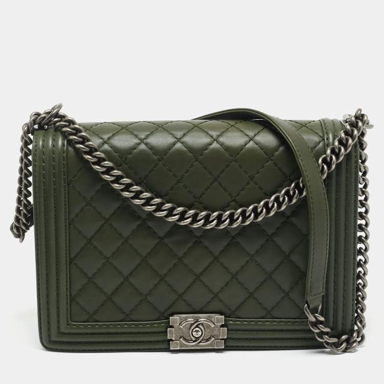 Pre Owned Chanel Military Green Quilted Leather Large Boy Flap Bag
