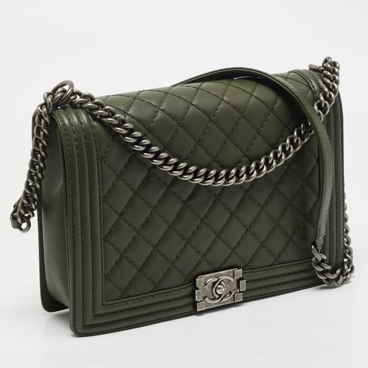 Pre Owned Chanel Military Green Quilted Leather Large Boy Flap Bag