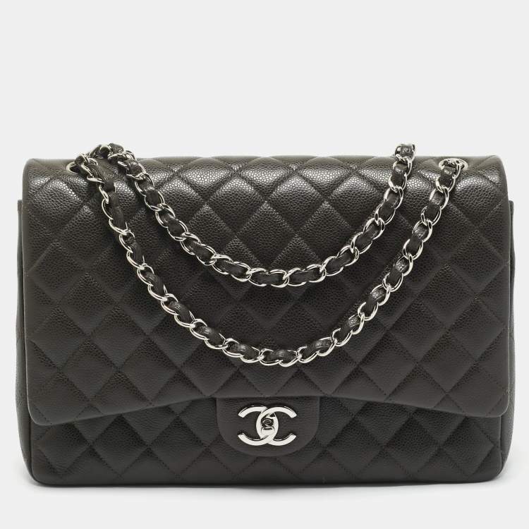 Pre Owned Chanel Dark Grey Quilted Caviar Leather Maxi Classic Double Flap Bag