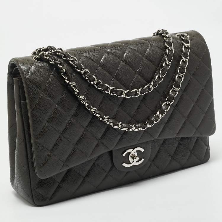 Pre Owned Chanel Dark Grey Quilted Caviar Leather Maxi Classic Double Flap Bag