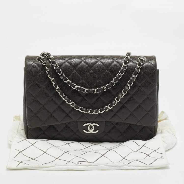 Pre Owned Chanel Dark Grey Quilted Caviar Leather Maxi Classic Double Flap Bag