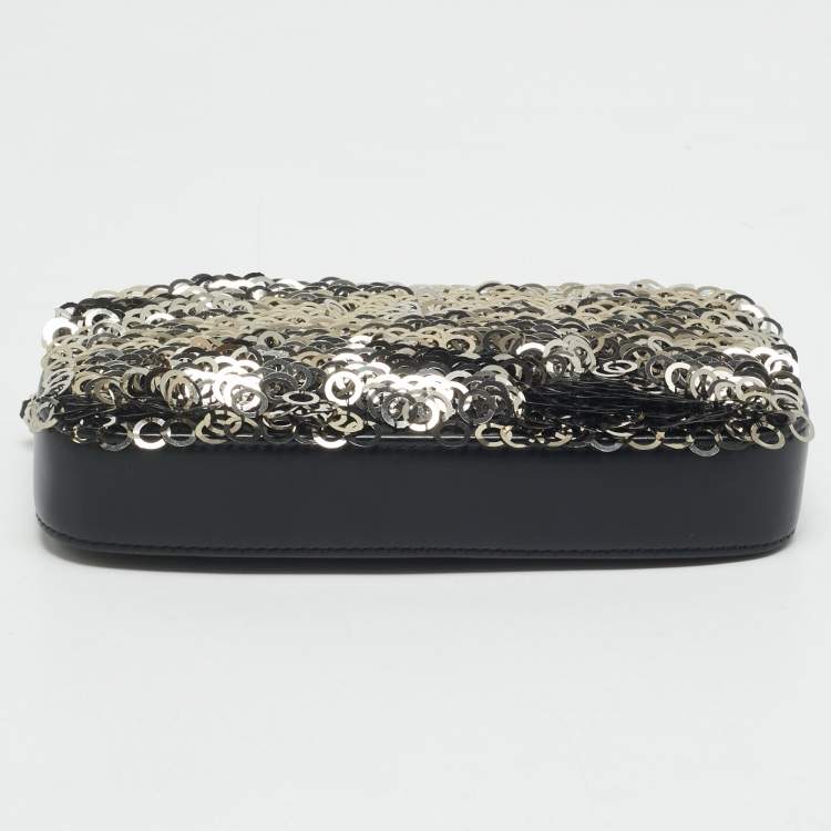 Pre Owned Chanel Black Leather and Sequins Double Zip Chain Clutch