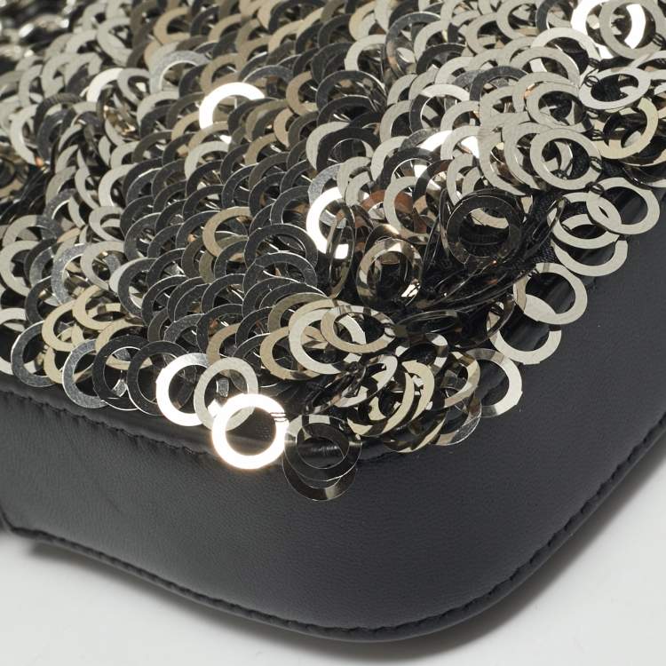 Pre Owned Chanel Black Leather and Sequins Double Zip Chain Clutch