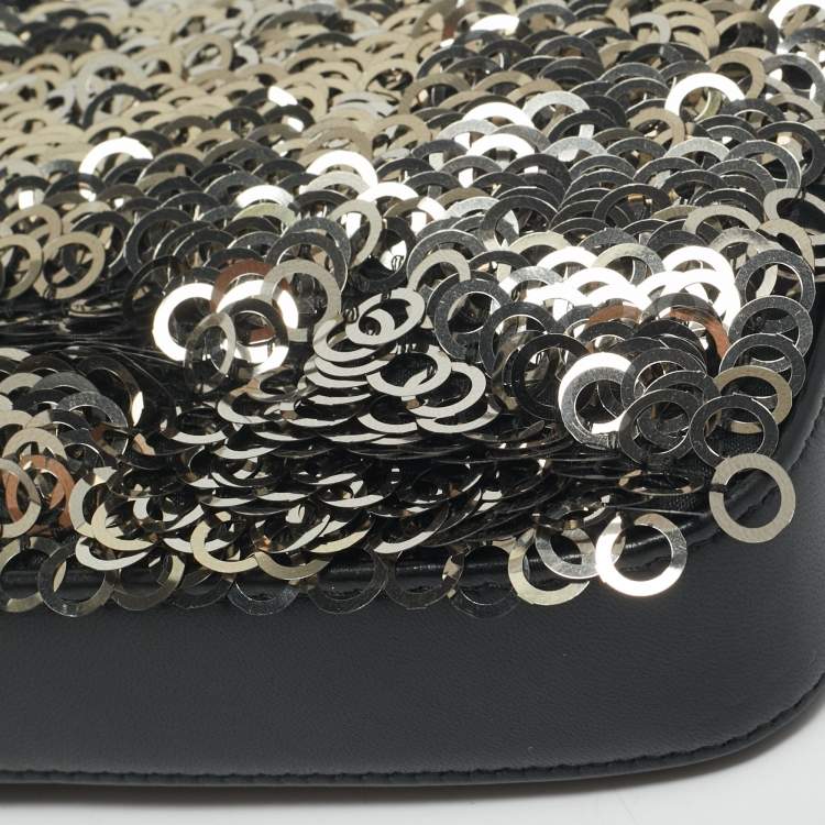 Pre Owned Chanel Black Leather and Sequins Double Zip Chain Clutch
