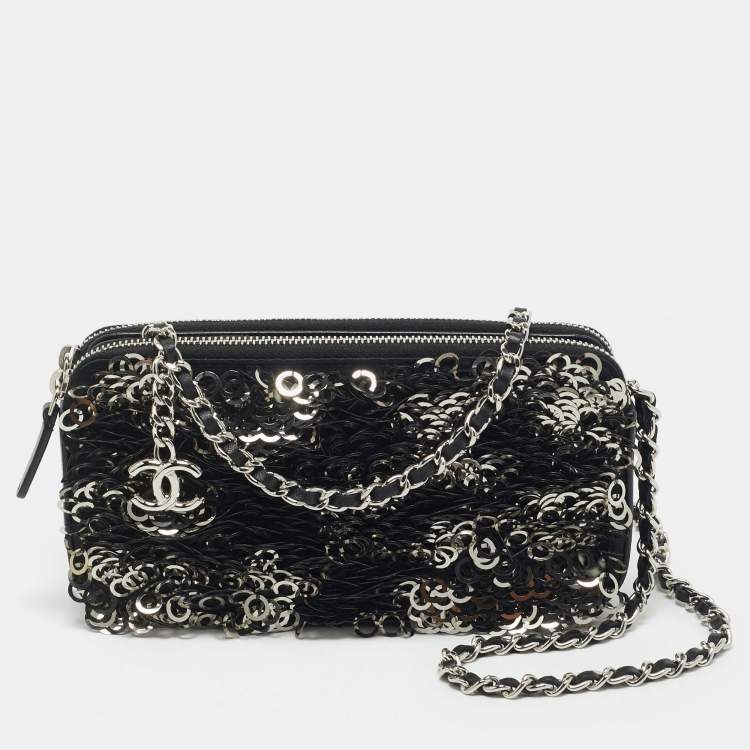 Pre Owned Chanel Black Leather and Sequins Double Zip Chain Clutch