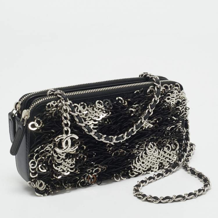 Pre Owned Chanel Black Leather and Sequins Double Zip Chain Clutch