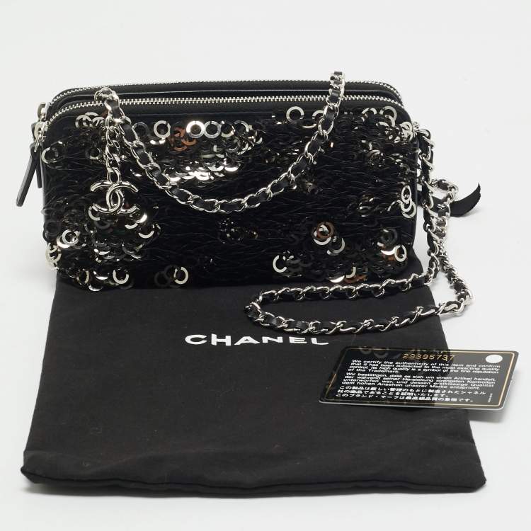 Pre Owned Chanel Black Leather and Sequins Double Zip Chain Clutch