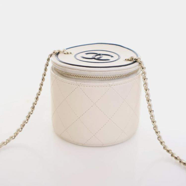 Pre Owned Chanel Round Vanity Small White Lambskin Crossbody Bag