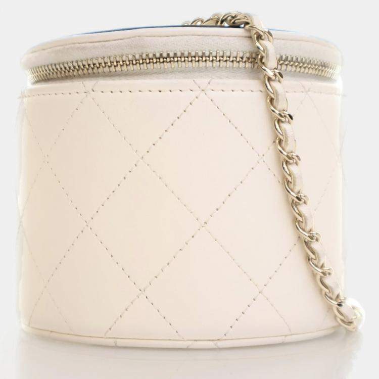 Pre Owned Chanel Round Vanity Small White Lambskin Crossbody Bag
