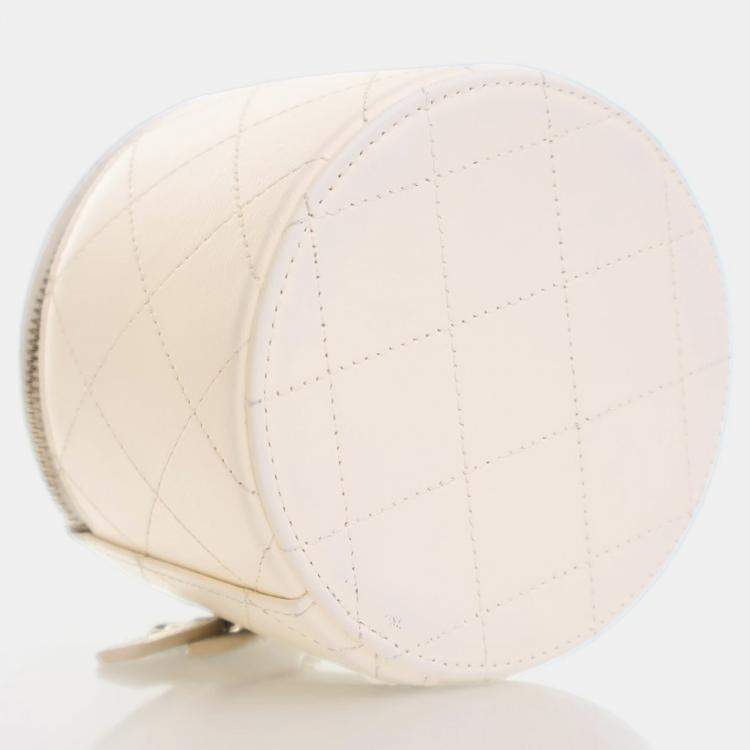 Pre Owned Chanel Round Vanity Small White Lambskin Crossbody Bag
