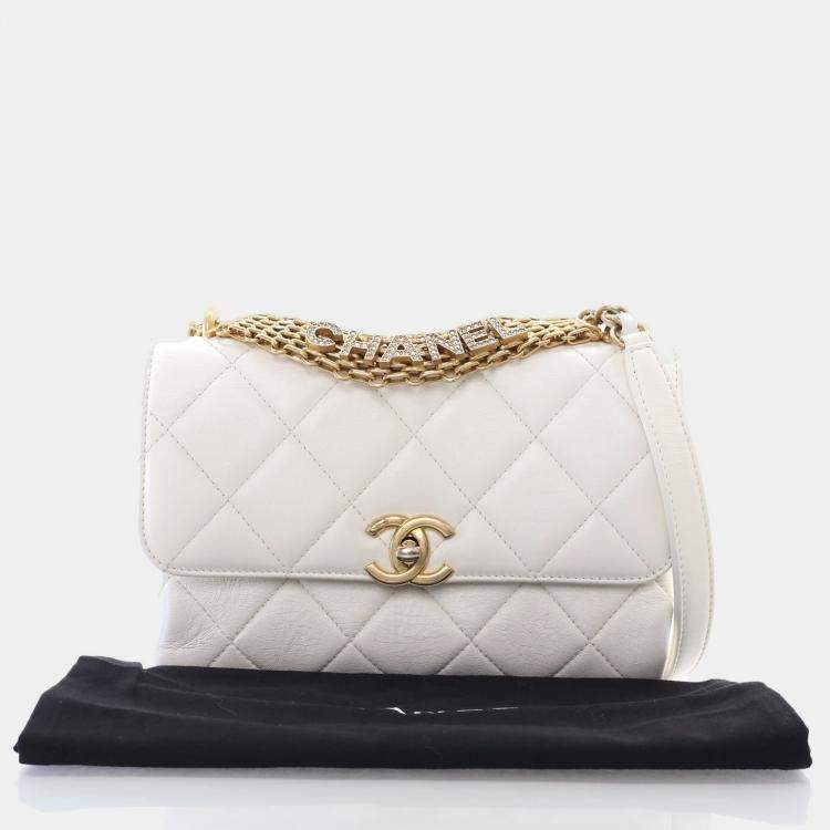 Pre Owned Chanel CC Crystal Logo Mini White Lambskin Shoulder Bag