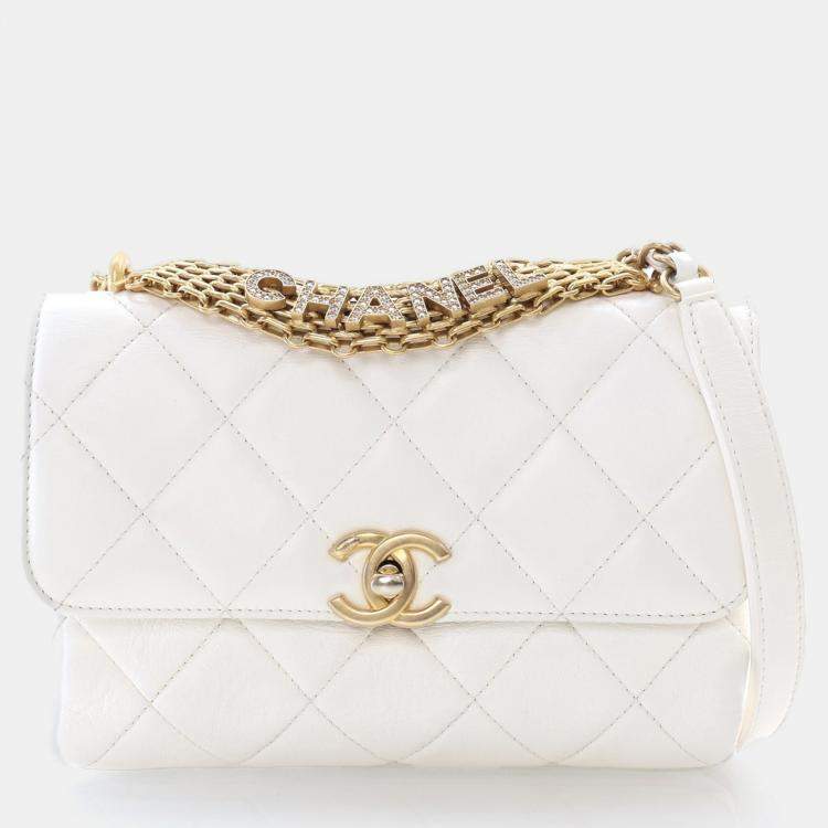 Pre Owned Chanel CC Crystal Logo Mini White Lambskin Shoulder Bag