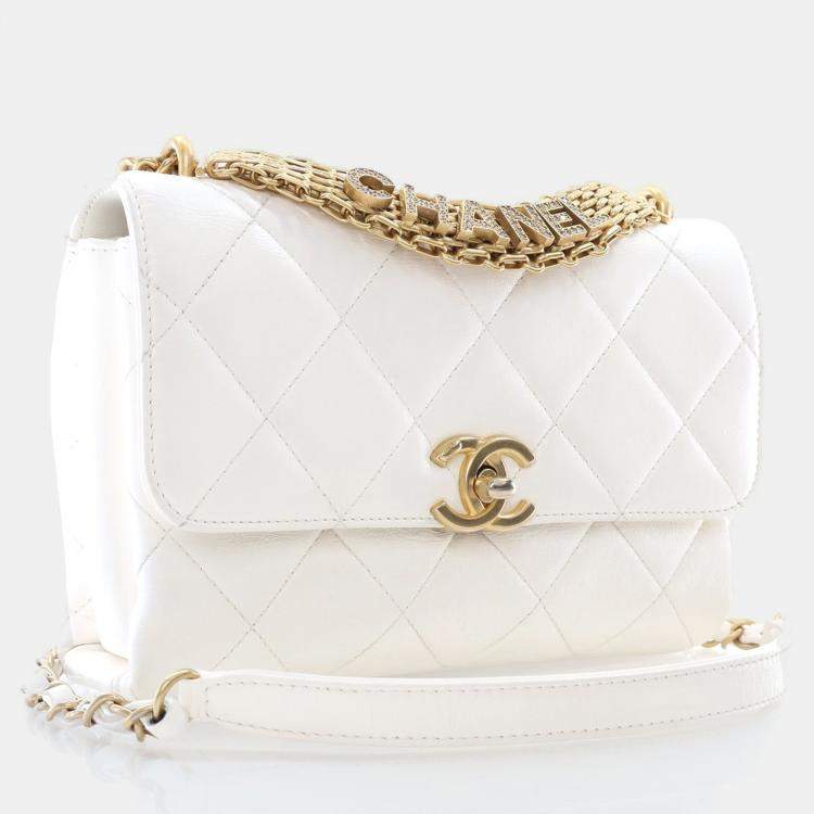 Pre Owned Chanel CC Crystal Logo Mini White Lambskin Shoulder Bag