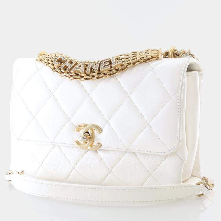 Pre Owned Chanel CC Crystal Logo Mini White Lambskin Shoulder Bag