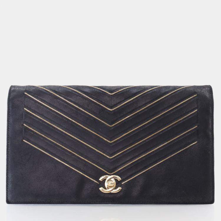 Pre Owned Chanel Chevron Black Suede Shoulder Bag