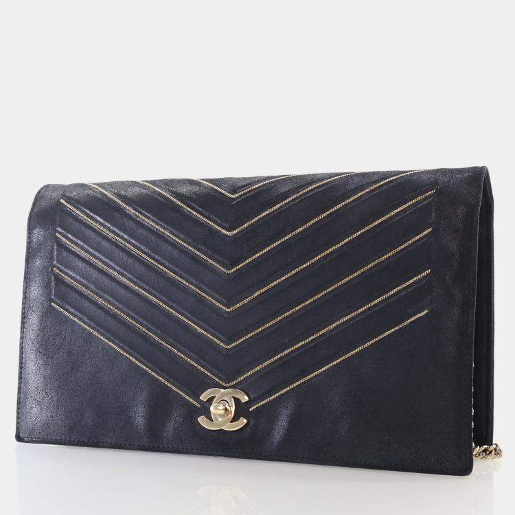 Pre Owned Chanel Chevron Black Suede Shoulder Bag