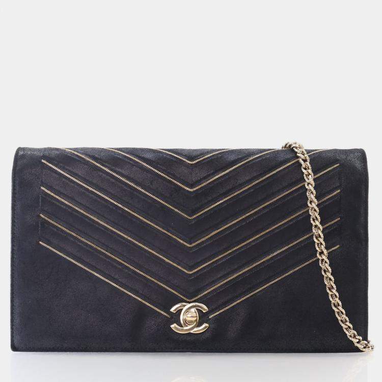 Pre Owned Chanel Chevron Black Suede Shoulder Bag