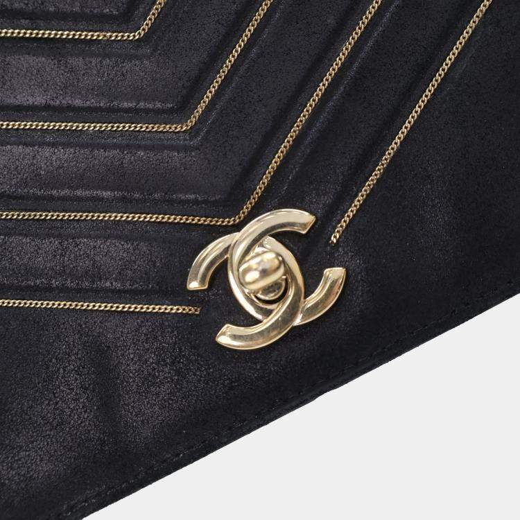 Pre Owned Chanel Chevron Black Suede Shoulder Bag