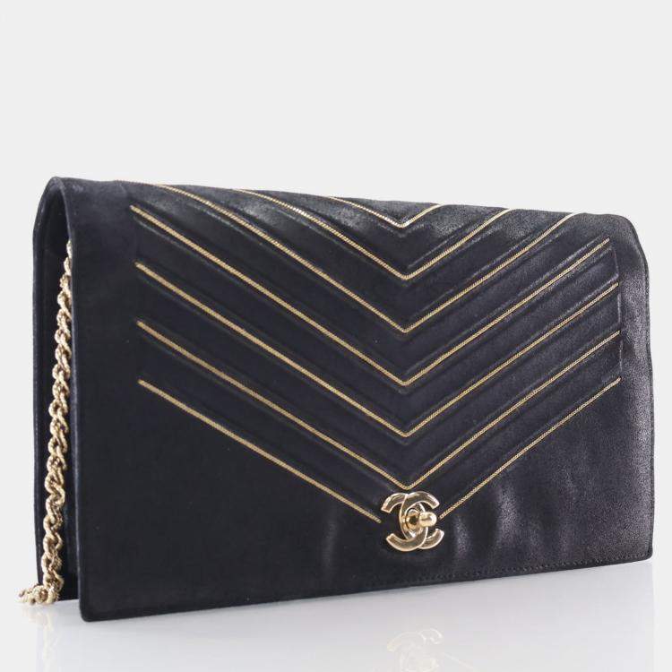 Pre Owned Chanel Chevron Black Suede Shoulder Bag