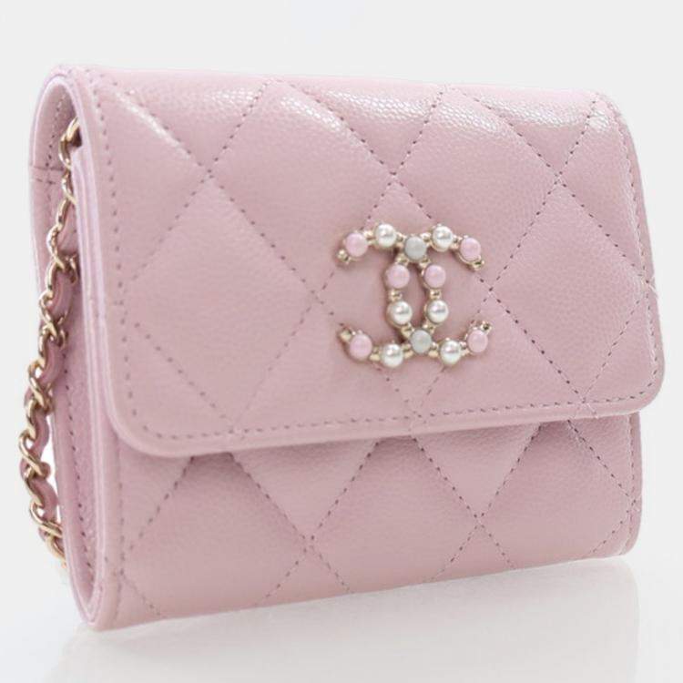 Pre Owned Chanel Coco Candy Pink Caviar Card Holder On Chain