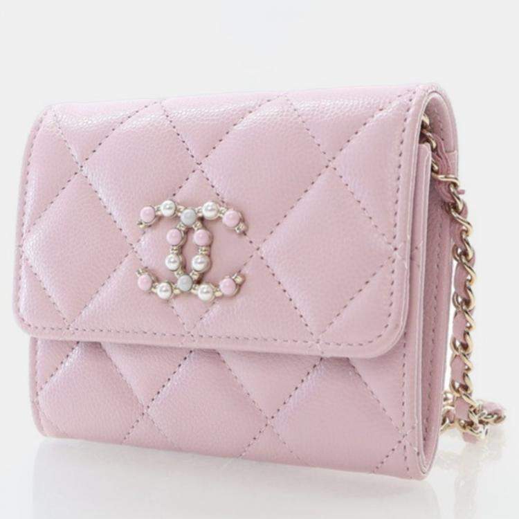 Pre Owned Chanel Coco Candy Pink Caviar Card Holder On Chain