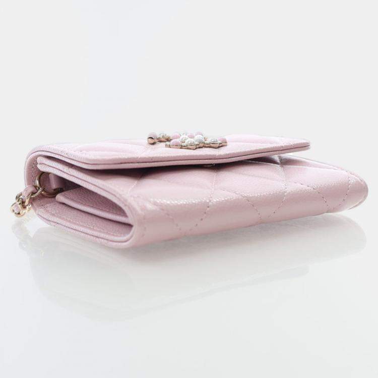 Pre Owned Chanel Coco Candy Pink Caviar Card Holder On Chain