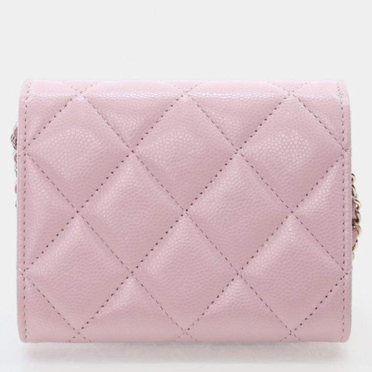 Pre Owned Chanel Coco Candy Pink Caviar Card Holder On Chain