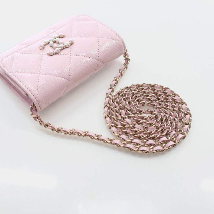 Pre Owned Chanel Coco Candy Pink Caviar Card Holder On Chain