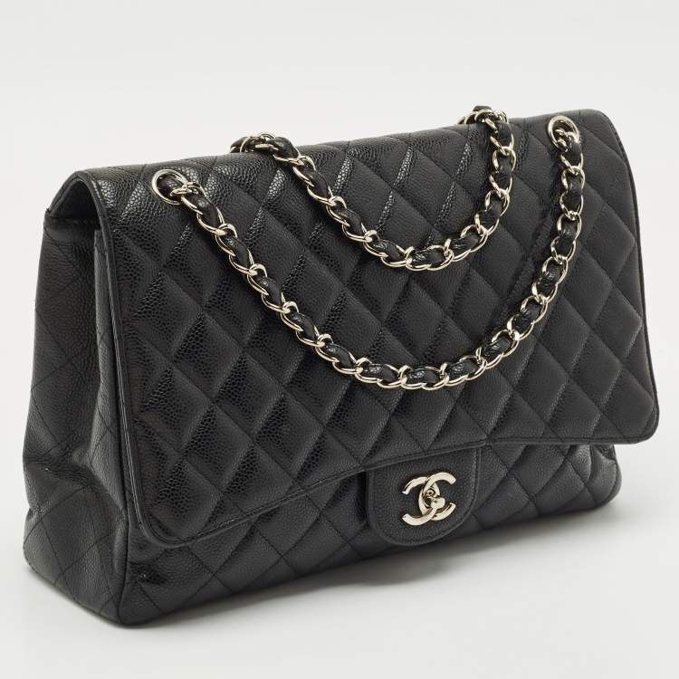 Pre Owned Chanel Black Quilted Caviar Leather Maxi Classic Single Flap Bag