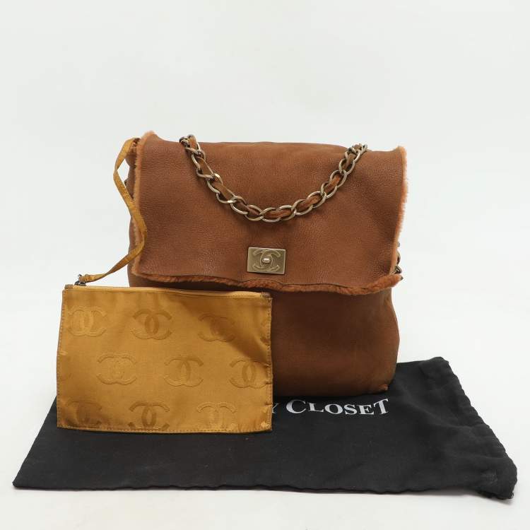 Pre Owned Chanel Brown Nubuck and Shearling Fur Vintage CC Flap Bag