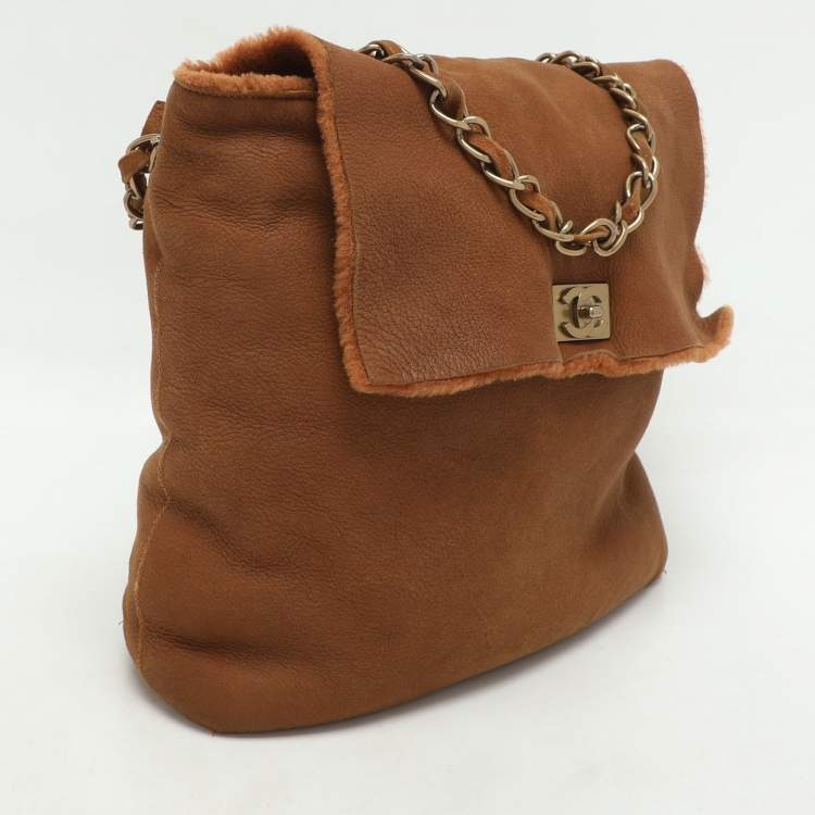Pre Owned Chanel Brown Nubuck and Shearling Fur Vintage CC Flap Bag