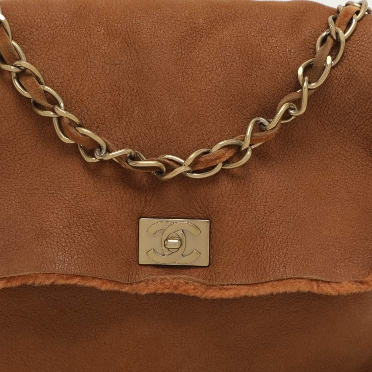 Pre Owned Chanel Brown Nubuck and Shearling Fur Vintage CC Flap Bag