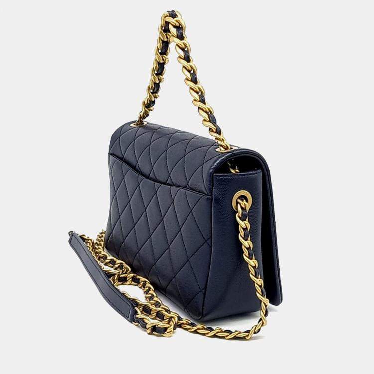 Pre Owned Chanel Navy Blue Leather Caviar Flap Bag