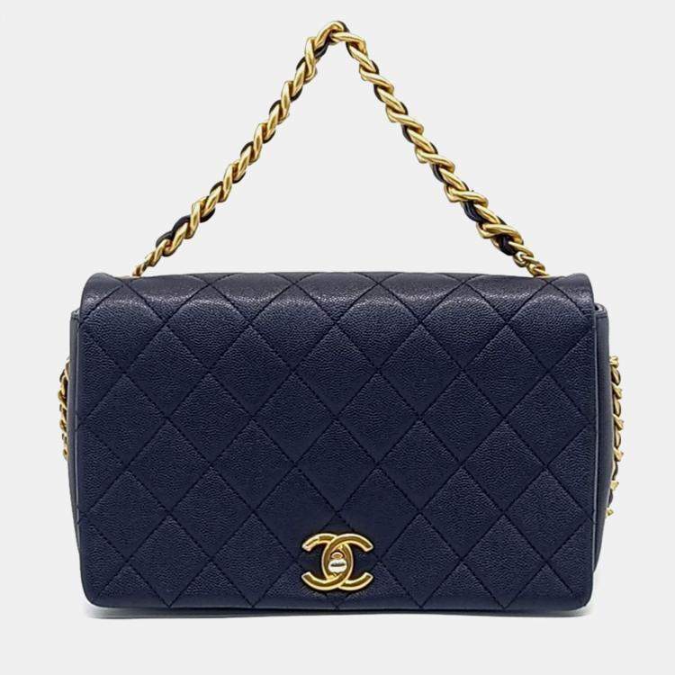 Pre Owned Chanel Navy Blue Leather Caviar Flap Bag