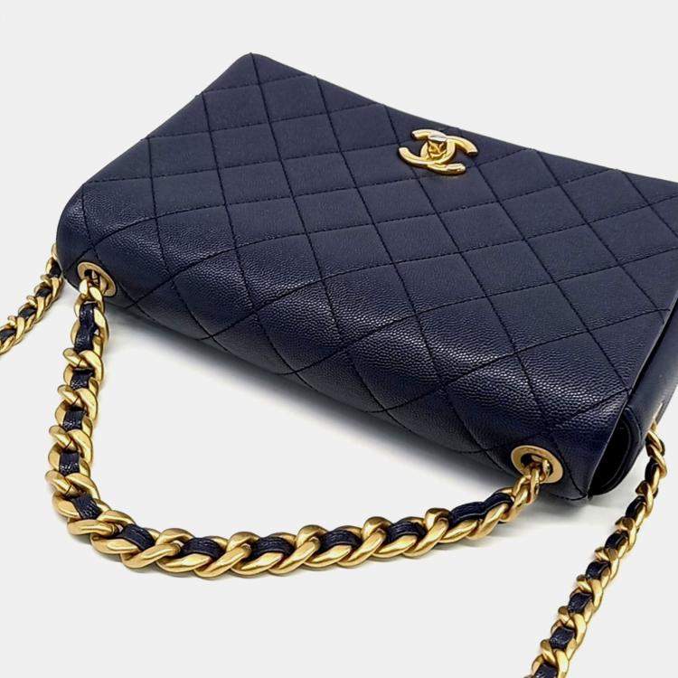 Pre Owned Chanel Navy Blue Leather Caviar Flap Bag