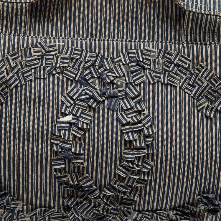 Pre Owned Chanel Navy Blue/White Stripe Print Canvas Striped CC Shopper Tote